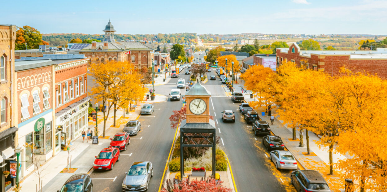 View of the historic main street of a town in fall